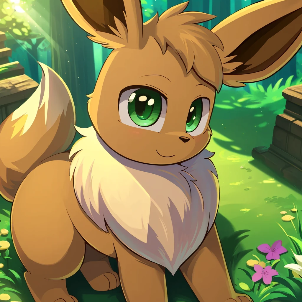 uploaded on e621, ((, by william hanna, by hanna barbera productions, by joseph barbers)), Solo (quadruped feral:1.4) ((Eevee)) with ((tan body)) And (((white neck tuft))) And (Brown fluffy dipstick tail) And ((Clear light green eyes)), (Detailed Eevee), ((detailed fluffy fur)), (Three-quarter portrait, Looking at Viewer, three quarter view, [High-angle view]:1.2), BREAK, (Detailed background, depth of fields, half body shadow, Sunlight, ambient light on the body), (Convoluted:0.7), (high detailing:1.2), (Unreal Engine:1.3), (Sharp Focus:1.1), [explict content, questionable content], (masutepiece, Best Quality, 4K, 2 k, Shaded, absurd res)