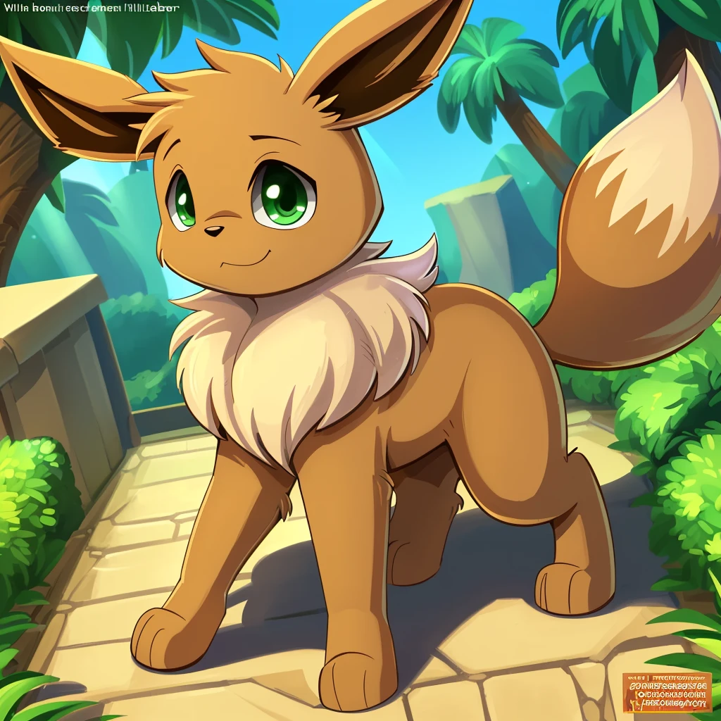 uploaded on e621, ((, by william hanna, by hanna barbera productions, by joseph barbers)), Solo (quadruped feral:1.4) ((Eevee)) with ((tan body)) And (((white neck tuft))) And (Brown fluffy dipstick tail) And ((Clear light green eyes)), (Detailed Eevee), ((detailed fluffy fur)), (Three-quarter portrait, Looking at Viewer, three quarter view, [High-angle view]:1.2), BREAK, (Detailed background, depth of fields, half body shadow, Sunlight, ambient light on the body), (Convoluted:0.7), (high detailing:1.2), (Unreal Engine:1.3), (Sharp Focus:1.1), [explict content, questionable content], (masutepiece, Best Quality, 4K, 2 k, Shaded, absurd res)