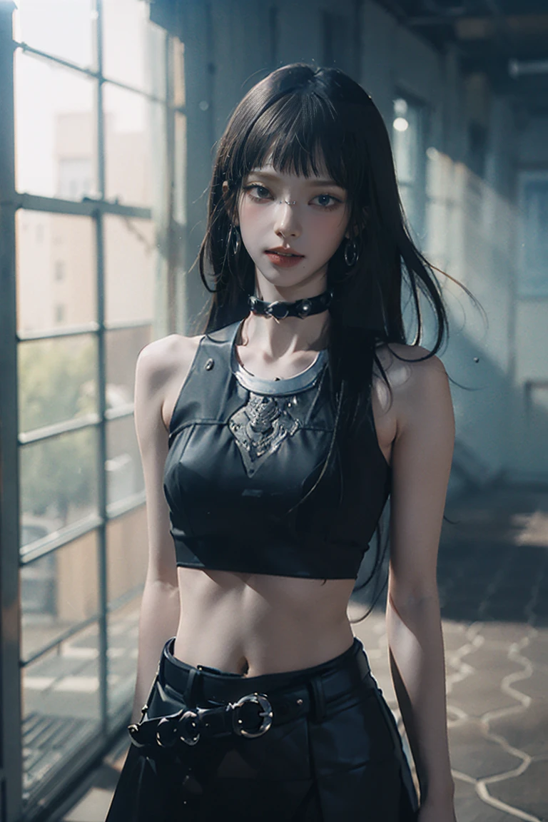 (masterpiece, Highest quality, One girl, alone, Intricate details, chromatic aberration), (Realistic),(skin), ((breathe)),(Black Hair,Blunt bangs),Detailed Hair, Red headdress, Blue Highlights, Hair on one eye,Iris, Small earrings, Sharp eyes, choker,((Black crop top )),(Black Skirt),(belt),Waist open,(Symmetrical Eyes),(Perfectly symmetrical body), night,(((Natural light))),Backlight,Against a grey wall, Dim lighting ,View the viewer,((Center shot, from the front,(Face and waist)))