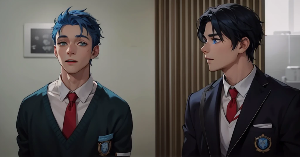 two cute boys with blue hair and the other with black hair and blue eyes