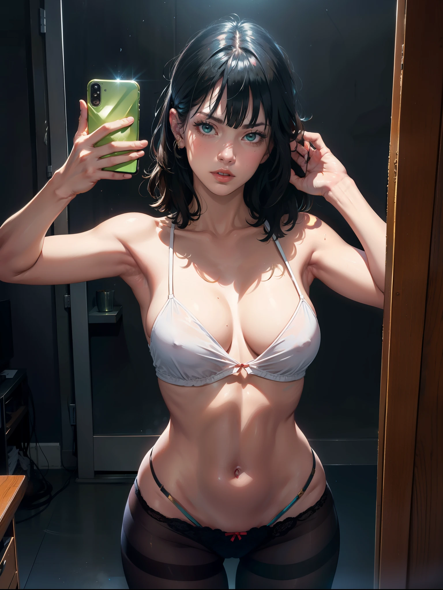 Hyper realistic super detailed sexy fubuki, Very detailed, expressions faciales sexy, seductive facial expressions, [:(Face detail: 1.4): 0.4], 16K resolution, 4k resolution, dinamic lighting, High definition resolution, (hyper realistic: 1.4),(contrasting background: 1.5), hyperrealistic arm), (Hyperrealistic legs), (peau propre), (lighting cinematic: 1.7), (intime), (Technologie NVIDIA RTX Ray Tracing),  hyperrealistic arm: 2), (Ventre plat parfait), (image couleur),fubuki, long hair, large breasts, mirror, room, selfie, holding cellphone, brown pantyhose, pantyhose, thighs, tight cameltoe, see through pantyhose, looking at viewer , masterpiece, best quality, highly detailed, desire, blush, perfect hands, blush, shy, tight gap, skindentation, mirror, room, selfie, holding cellphone.cute pose, half naked