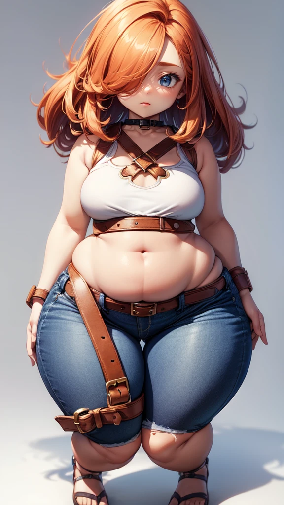 blank background, (((full body))), (masterpiece), ((best quality)), (very short girl), ((flat chest)), hair over one eye, (wide hips:1.4), ((thick thighs:1.4)), (blue jeans), sandals, belt below navel, fanny packs, ginger hair, from behind