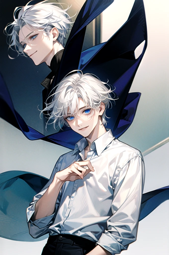 ((Masterpiece)), Best Quality, Ultra Detailed, Floating, High Resolution, (1 boy), short hair, white hair, blue eyes, smile facial, white shirt, 
