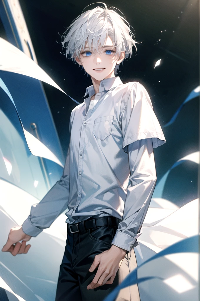 ((Masterpiece)), Best Quality, Ultra Detailed, Floating, High Resolution, (1 boy), short hair, white hair, blue eyes, smile facial, white shirt,