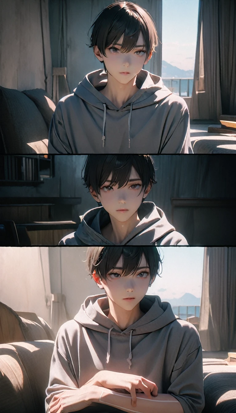 (8K, RAW photos, best quality, masterpiece: 1.4), (((Boy looking at his arm)))，Ultra-high resolution, Extremely detailed, light, closeup of arms, handsome boy, black eyes, (delicate eyes, Eyes are bright:1.2), Gray short hair, Fair skin,dark, Grey sweatshirt, sweatshirt with hood,(perfect anatomy:1.2), High-quality shadows, Natural Lighting, (White highlights:1.2), night, cloudy day, (at home:1.2), (White lines on arms:1.2)