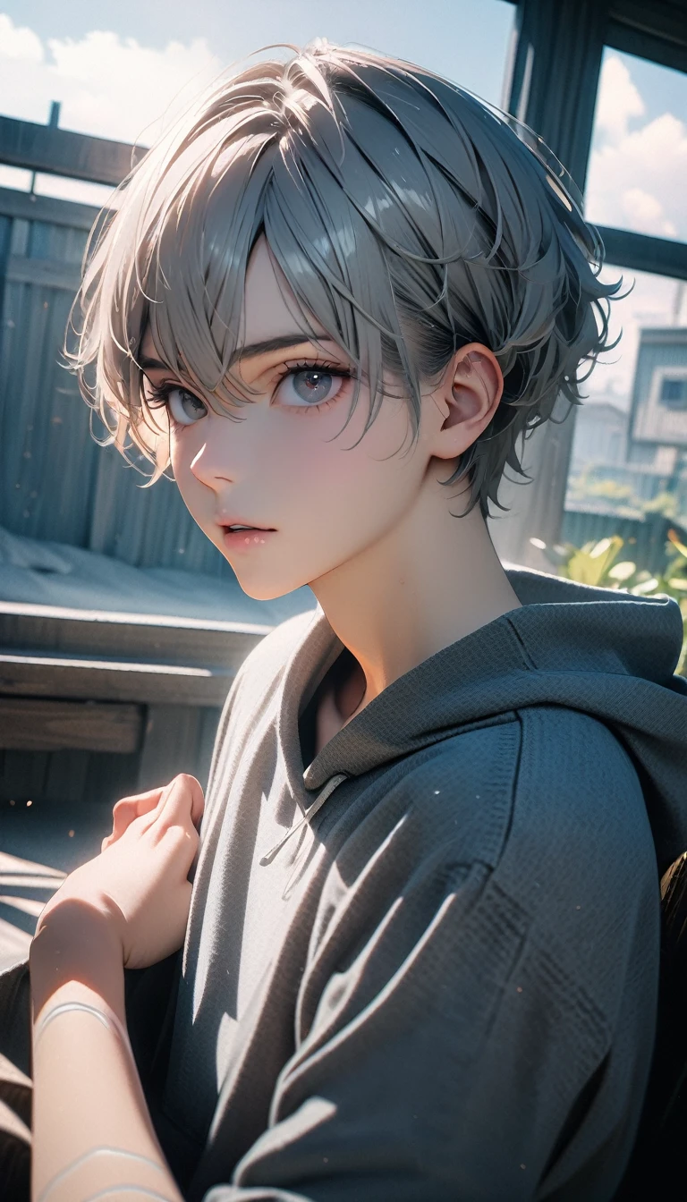 (8K, RAW photos, best quality, masterpiece: 1.4), (((Boy looking at his arm))),Ultra-high resolution, Extremely detailed, light, closeup of arms, handsome boy, black eyes, (delicate eyes, Eyes are bright:1.2), Gray short hair, Fair skin,dark, Grey sweatshirt, sweatshirt with hood,(perfect anatomy:1.2), High-quality shadows, Natural Lighting, (White highlights:1.2), night, cloudy day, (at home:1.2), (White lines on arms:1.2)