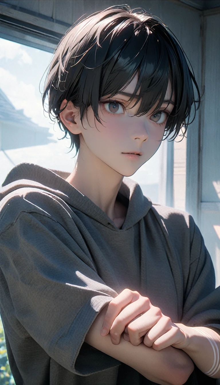 (8K, RAW photos, best quality, masterpiece: 1.4), (((Boy looking at his arm))),Ultra-high resolution, Extremely detailed, light, closeup of arms, handsome boy, black eyes, (delicate eyes, Eyes are bright:1.2), Gray short hair, Fair skin,dark, Grey sweatshirt, sweatshirt with hood,(perfect anatomy:1.2), High-quality shadows, Natural Lighting, (White highlights:1.2), night, cloudy day, (at home:1.2), (White lines on arms:1.2)