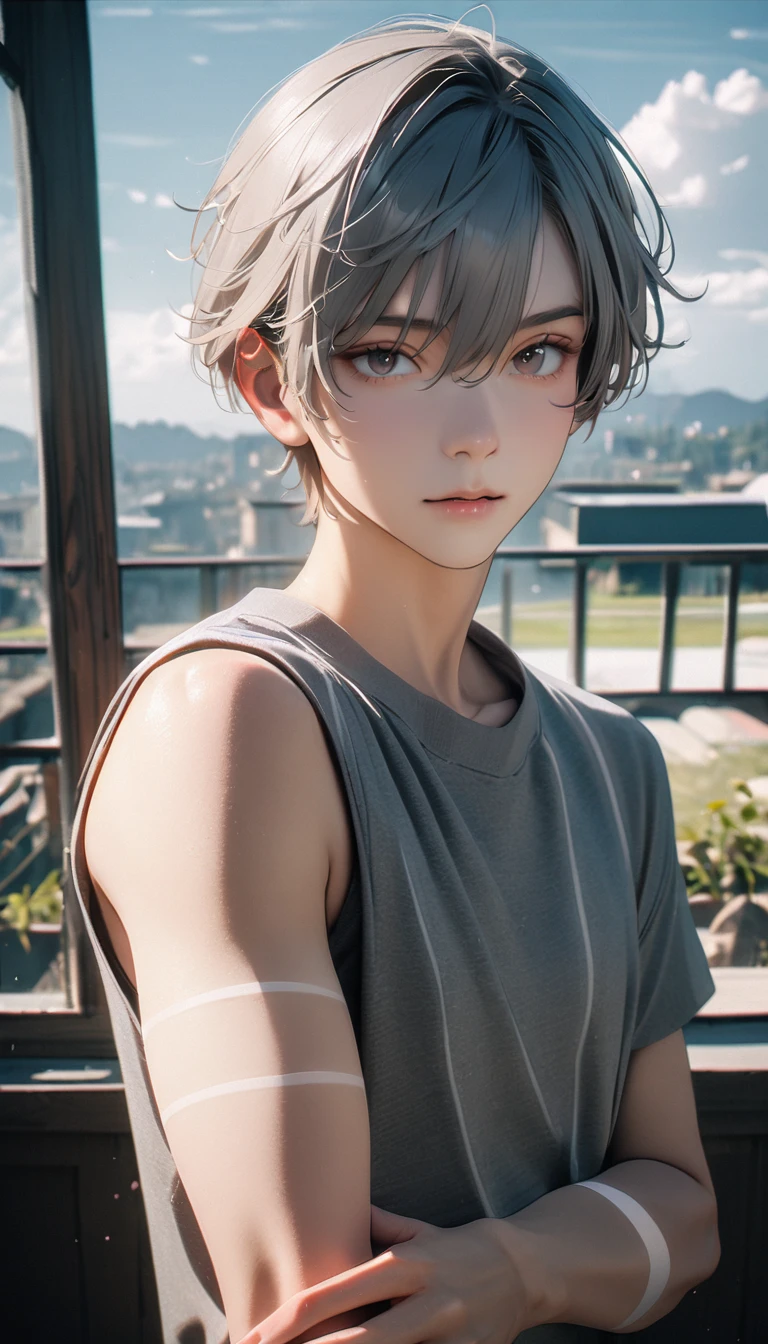 (8K, RAW photos, best quality, masterpiece: 1.4), (((Boy looking at his arm))),Ultra-high resolution, Extremely detailed, light, closeup of arms, handsome boy, black eyes, (delicate eyes, Eyes are bright:1.2), Gray short hair, Fair skin,dark, Grey sweatshirt, sweatshirt with hood,(perfect anatomy:1.2), High-quality shadows, Natural Lighting, (White highlights:1.2), night, cloudy day, (at home:1.2), (White lines on arms:1.2)