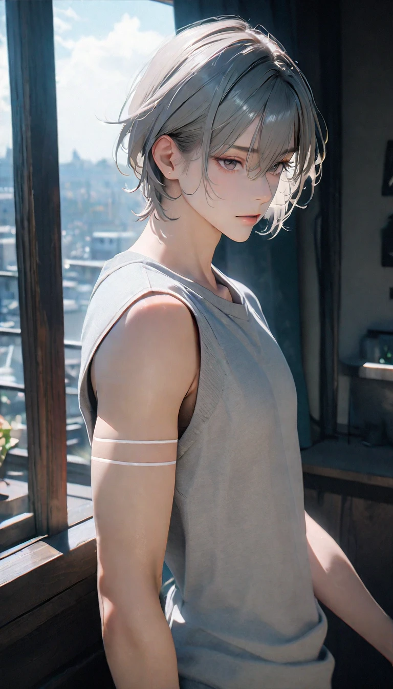(8K, RAW photos, best quality, masterpiece: 1.4), (((Boy looking at his arm))),Ultra-high resolution, Extremely detailed, light, closeup of arms, handsome boy, black eyes, (delicate eyes, Eyes are bright:1.2), Gray short hair, Fair skin,dark, Grey sweatshirt, sweatshirt with hood,(perfect anatomy:1.2), High-quality shadows, Natural Lighting, (White highlights:1.2), night, cloudy day, (at home:1.2), (White lines on arms:1.2)