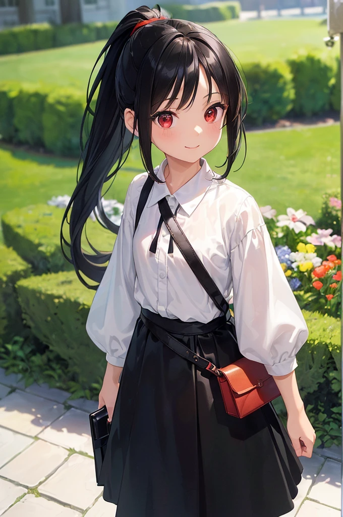 (masterpiece; best quality: 1.2), (finely detailed eyes: 1.3), (( female kid)), ((so), (red eyes: 1.4), (body; short, slender: 1.3), (long black hair in ponytail: 1.3), (beautiful and clear background: 1.2), ((depth of field)), (clothes: white wide-sleeve shirt + long black skirt + traveler pouches and satchel + mage staff: 1.3), (anime illustration: 1.2), (background; garden exterior: 1.1), (extremely fine and handsome: 1.1), (shot composition; standing + centered on torso + close-up: 1.5), (expression; calm, smile: 1.2)