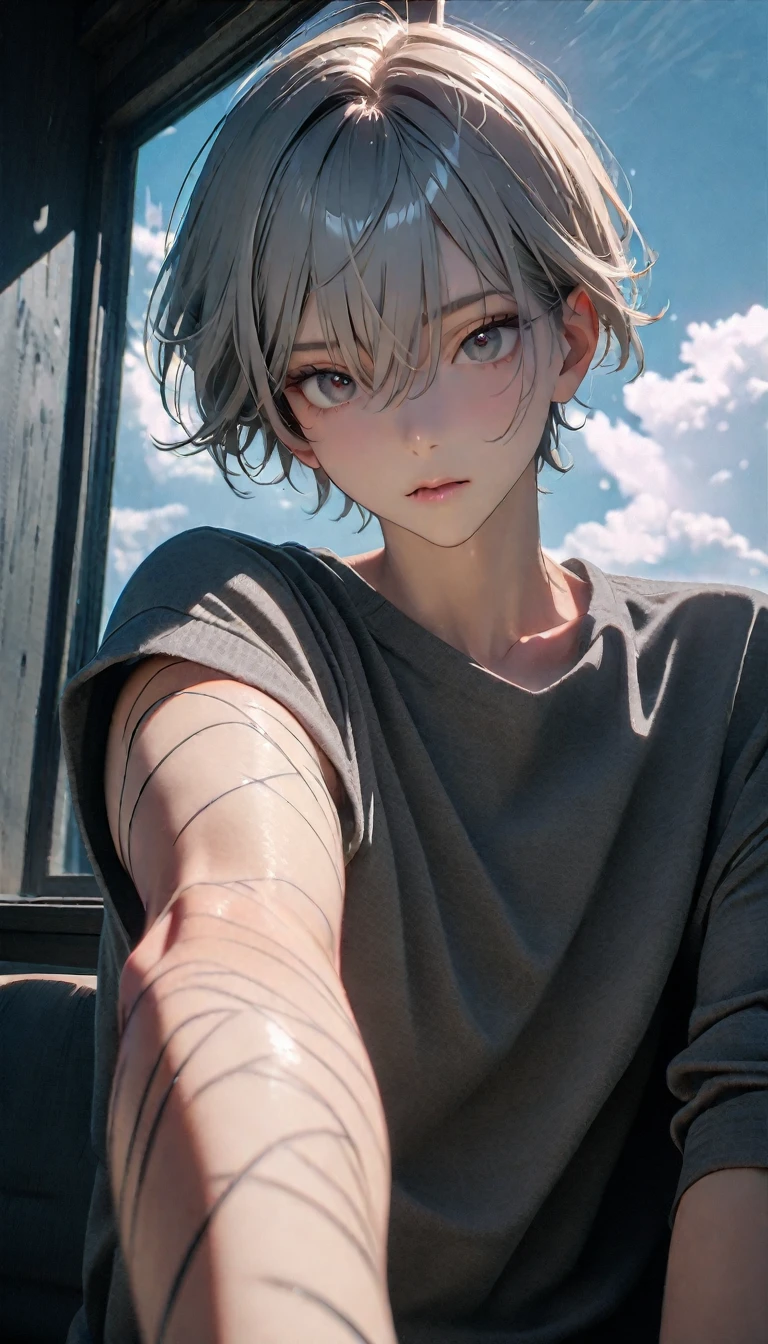 (8K, RAW photos, best quality, masterpiece: 1.4), (((Boy looking at his arm)))，Ultra-high resolution, Extremely detailed, light, closeup of arms, handsome boy, black eyes, (delicate eyes, Eyes are bright:1.2), Gray short hair, Fair skin,dark, Grey sweatshirt, sweatshirt with hood,(perfect anatomy:1.2), High-quality shadows, Natural Lighting, (White highlights:1.2), night, cloudy day, (at home:1.2), (White lines on arms:1.2)