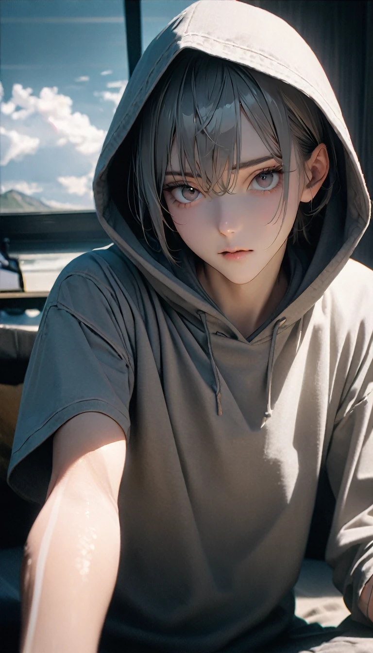 (8K, RAW photos, best quality, masterpiece: 1.4), (((Boy looking at his arm)))，Ultra-high resolution, Extremely detailed, light, closeup of arms, handsome boy, black eyes, (delicate eyes, Eyes are bright:1.2), Gray short hair, Fair skin,dark, Grey sweatshirt, sweatshirt with hood,(perfect anatomy:1.2), High-quality shadows, Natural Lighting, (White highlights:1.2), night, cloudy day, (at home:1.2), (White lines on arms:1.2)