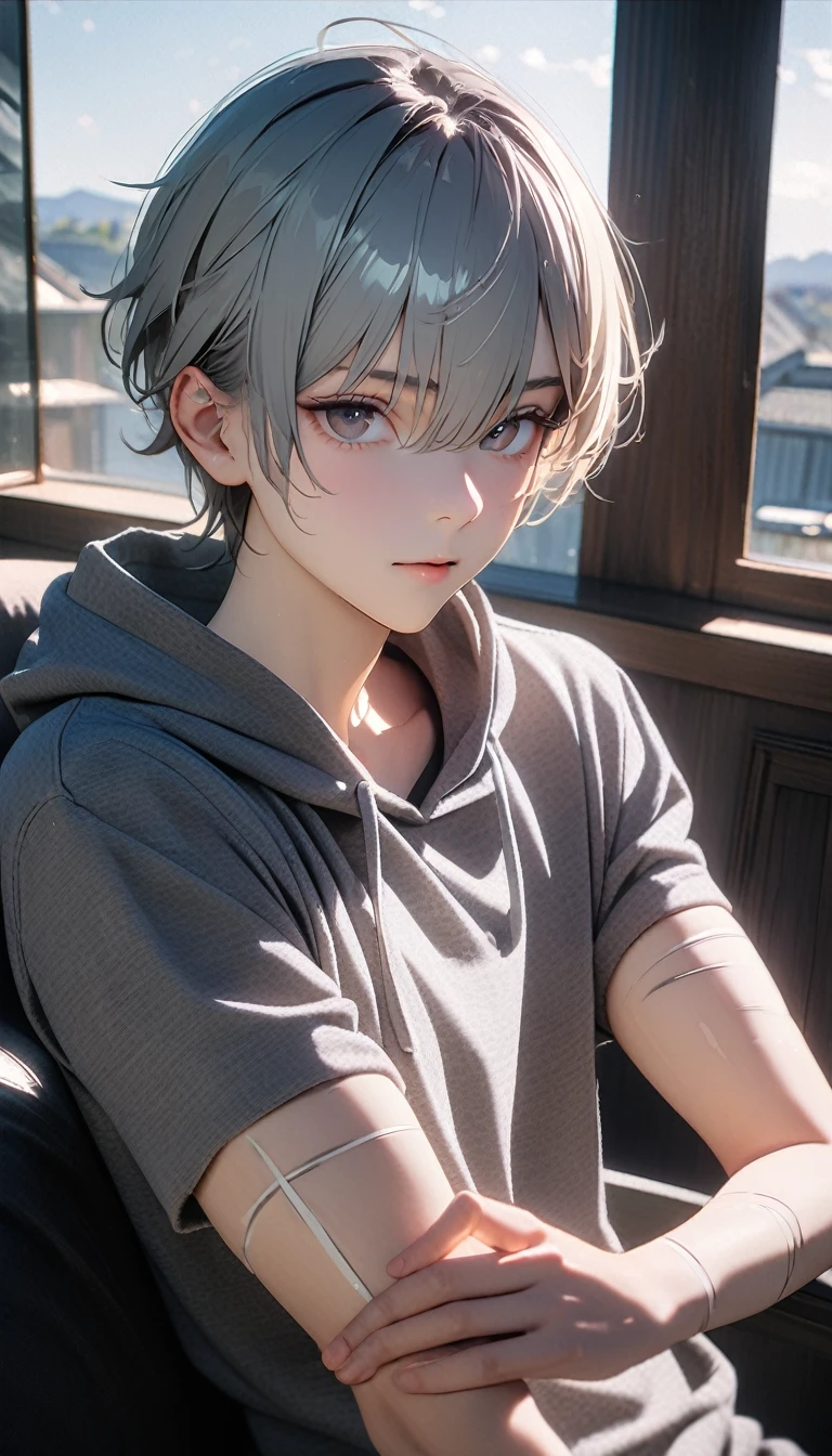 (8K, RAW photos, best quality, masterpiece: 1.4), (((Boy looking at his arm)))，Ultra-high resolution, Extremely detailed, light, closeup of arms, handsome boy, black eyes, (delicate eyes, Eyes are bright:1.2), Gray short hair, Fair skin,dark, Grey sweatshirt, sweatshirt with hood,(perfect anatomy:1.2), High-quality shadows, Natural Lighting, (White highlights:1.2), night, cloudy day, (at home:1.2), (White lines on arms:1.2)