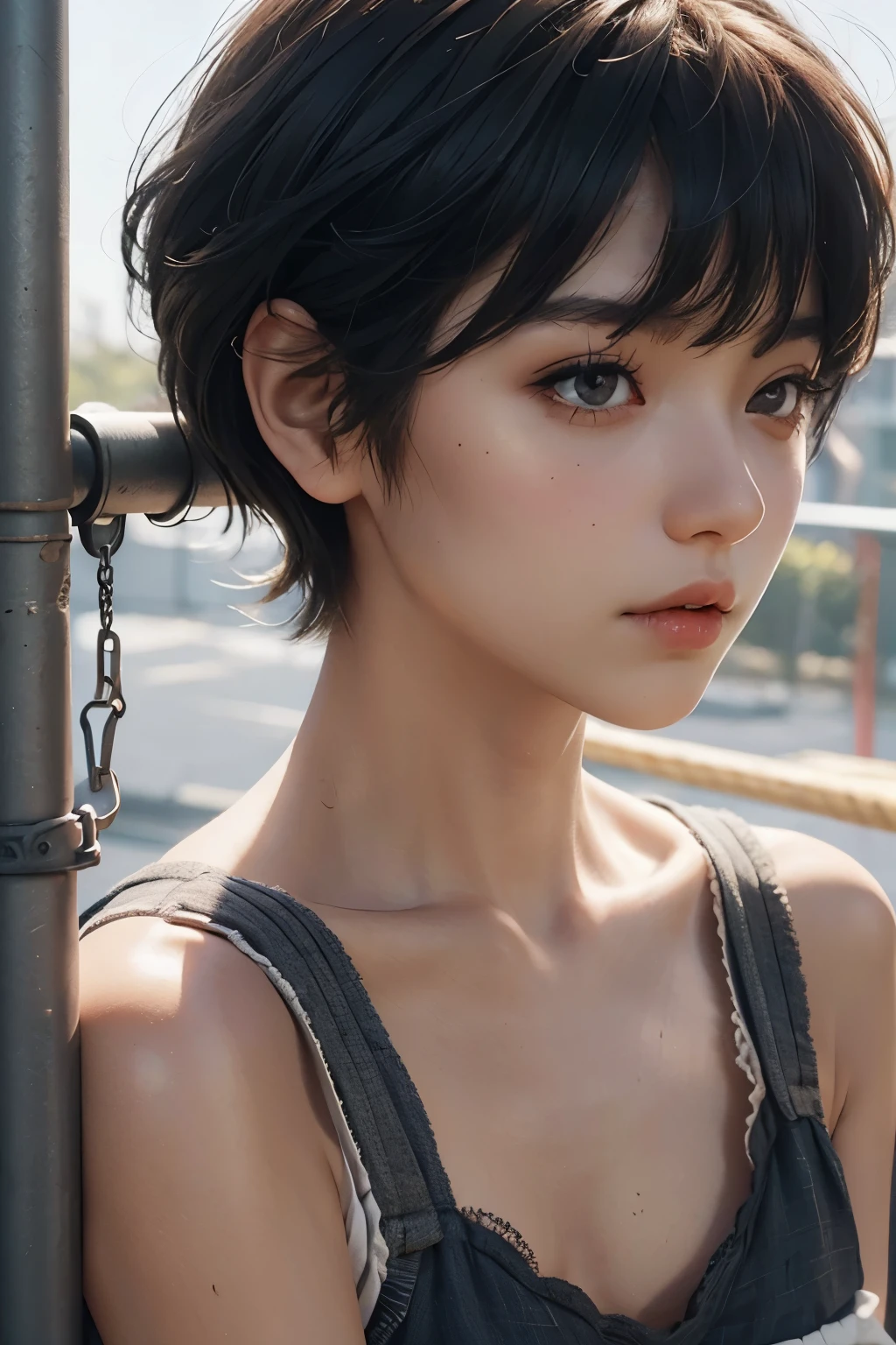 Raped woman with short hair, what makeup, without makeup, Centrally separated curtain bangs, Profile picture, Use Instagram Filters, Subtle soft and dim light, Pose looking around the playground, seesaw, swing, perfect face, julia sardinian, perfect hands, Random behavior, Sandbox, clear sky, full body view,