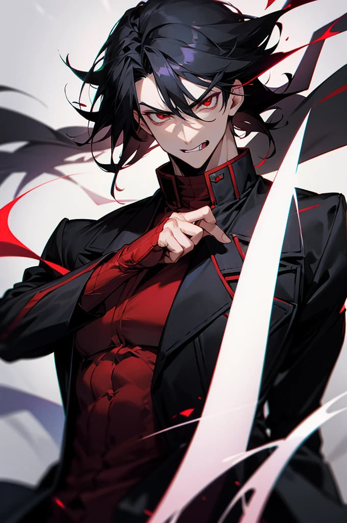 black hair, red eyes, angry , sticking out middle finger, black jacket, tounge out, mature male, arms in pockets, mencaing aura, lean, muscular, upper body