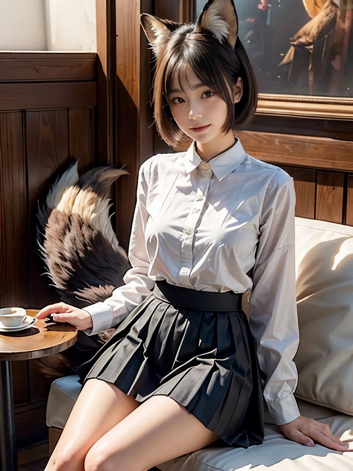 ((Highest quality, 32k)), ((masterpiece)), (Familiar), Perfect Face, pretty girl, She is sitting on a sofa in a cafe in the city., She is relaxing and drinking tea, She has a bushy tail on her butt, She has a fluffy tail, Beautiful hip line, Small breasts, She is wearing a neat blouse and pleated skirt., A bushy tail is visible from under her skirt,, Slender body, Her tail sticks out from under her skirt, (A fox tail protrudes from the inside of her skirt.:1.4), The base of her tail is hidden under her skirt., She is gently stroking her tail