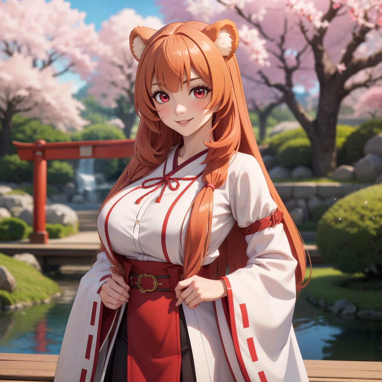 Raphtalia woman 35 years old straight orange hair , bear ears redondeadas, red eyes like ruby., flirtatious smile, pale skin, big breasts, japanese priestess clothing, White and red, pink belt, , bear ears, , background of a japanese garden, cherry trees. perfect hands.
