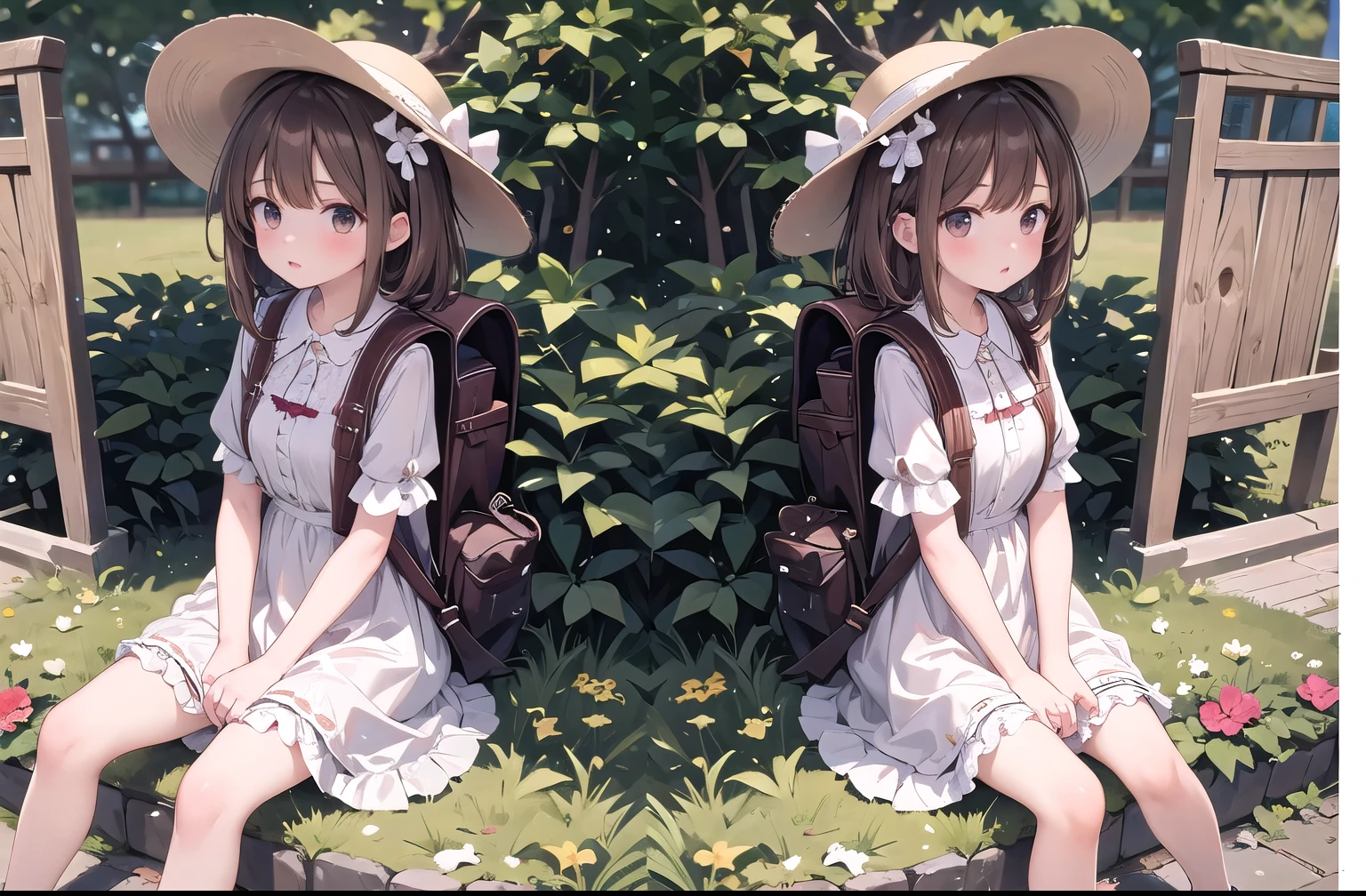 Masterpiece, hd, 2girl, medium hair, brown hair, wear sun hat, 2 girl Sitting on the park, outdoor, wearing white dress, lolita dress, wearing backpack, (backpack:1.2)