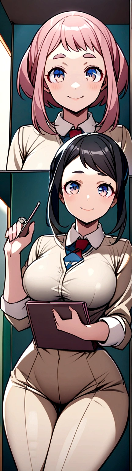 Two heads, masterpiece, best quality, anime, intricate iris, anime style, extremely detailed face, beautiful face, yaoyorozu momo, 1girl, black eyes, black hair, ponytail, long hair, hair pulled back, breasts, smile, solo, u.a. , withe shirt, pleated green skirt, red necktie, (detailed eyes, deep eyes),
(sitting on bench ),
(looking at viewer, (seductive smile, closed mouth, in heat), upper body, face focus, ),
beautiful lips, full lips,
(mall, indoor fountain),
(medium breasts:1.2, wide hips, narrow waist, ) ,
(uraraka_ochako, bodysuit, sidelocks, shirt),