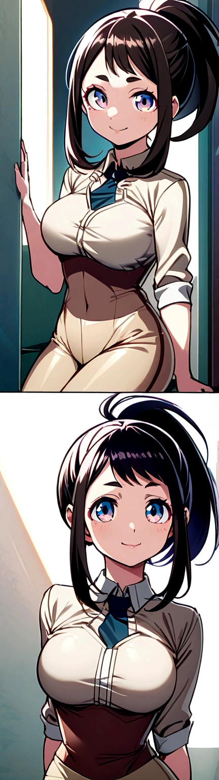 Two heads, masterpiece, best quality, anime, intricate iris, anime style, extremely detailed face, beautiful face, yaoyorozu momo, 1girl, black eyes, black hair, ponytail, long hair, hair pulled back, breasts, smile, solo, u.a. , withe shirt, pleated green skirt, red necktie, (detailed eyes, deep eyes),
(sitting on bench ),
(looking at viewer, (seductive smile, closed mouth, in heat), upper body, face focus, ),
beautiful lips, full lips,
(mall, indoor fountain),
(medium breasts:1.2, wide hips, narrow waist, ) ,
(uraraka_ochako, bodysuit, sidelocks, shirt),