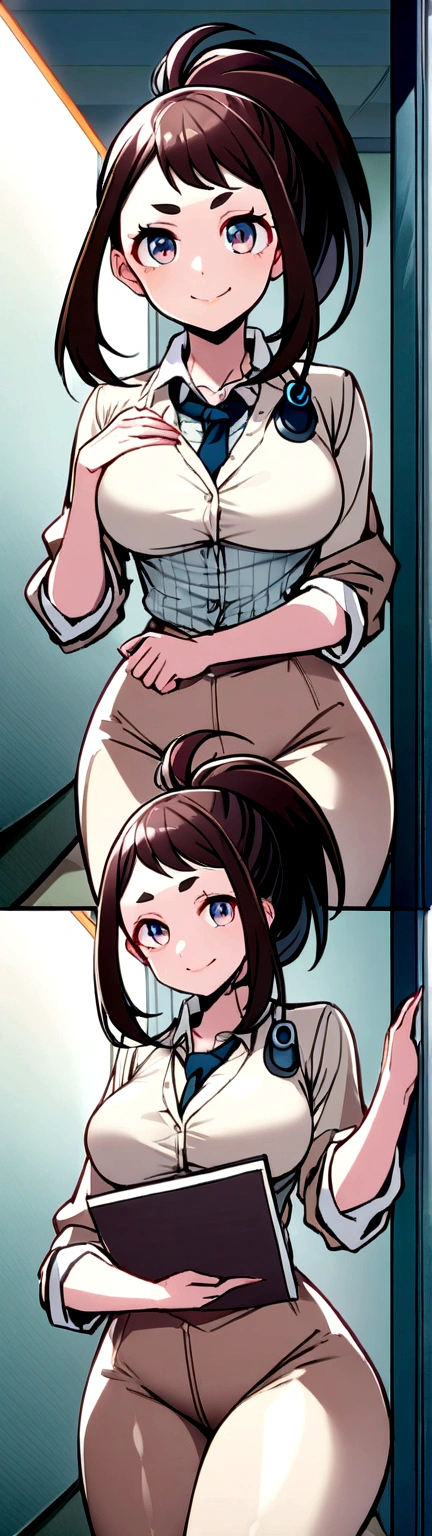 Two heads, masterpiece, best quality, anime, intricate iris, anime style, extremely detailed face, beautiful face, yaoyorozu momo, 1girl, black eyes, black hair, ponytail, long hair, hair pulled back, breasts, smile, solo, u.a. , withe shirt, pleated green skirt, red necktie, (detailed eyes, deep eyes),
(sitting on bench ),
(looking at viewer, (seductive smile, closed mouth, in heat), upper body, face focus, ),
beautiful lips, full lips,
(mall, indoor fountain),
(medium breasts:1.2, wide hips, narrow waist, ) ,
(uraraka_ochako, bodysuit, sidelocks, shirt),
