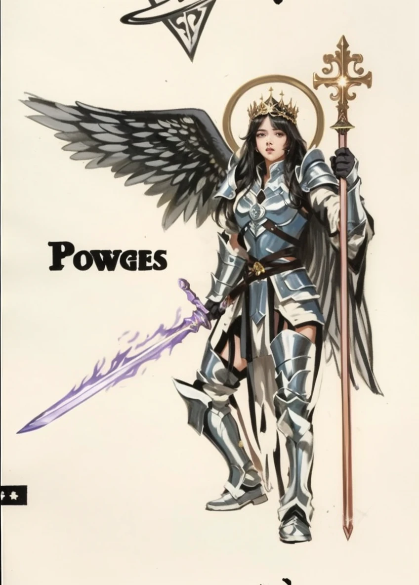 (black female
) (straight and long hair) (with eyebrow-length bangs) (violet eye) (with a golden armor) (a flaming sword in his right hand and one with a staff in his left) (a crown on the head) (white wings)