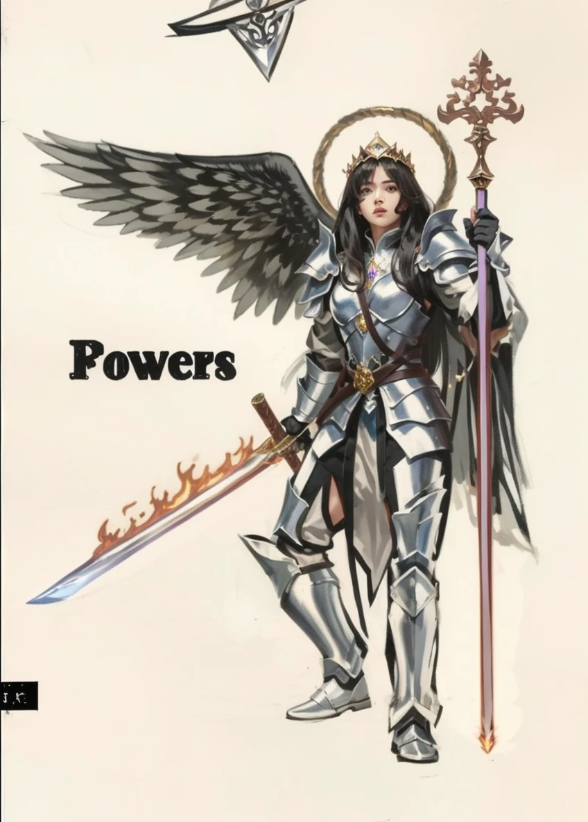 (black female
) (straight and long hair) (with eyebrow-length bangs) (violet eye) (with a golden armor) (a flaming sword in his right hand and one with a staff in his left) (a crown on the head) (white wings)