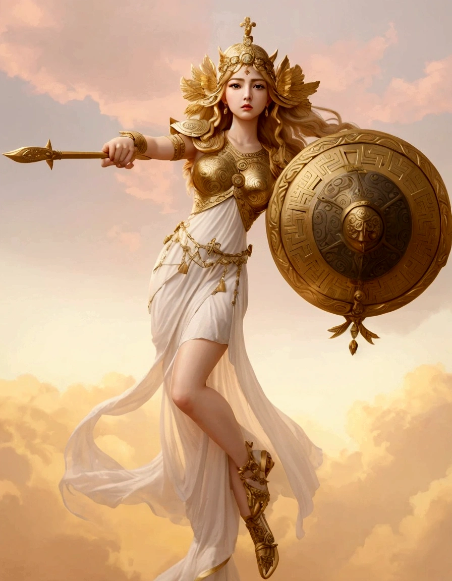 A painting,The painting shows a woman in a white dress holding a shield and, 维纳斯goddess雅典娜, greek goddess athena, goddess of greek mythology, the god athena, athena goddess of wisdom, golden goddess athena, goddess. Extremely high detail, portrait of celtic goddess diana, the goddess hera looking angry, female goddess, earth goddess mythology, venus goddess