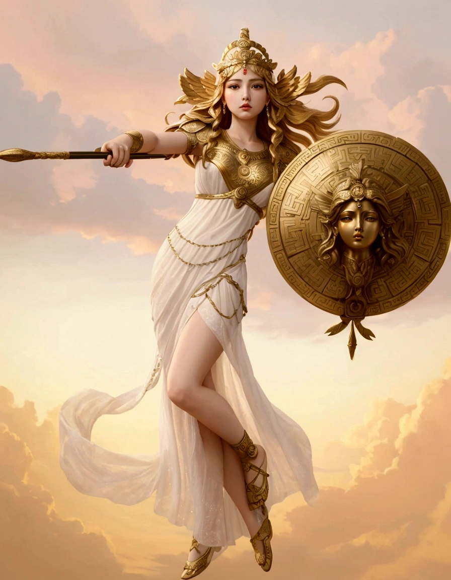 A painting，The painting shows a woman in a white dress holding a shield and, 维纳斯goddess雅典娜, greek goddess athena, goddess of greek mythology, the god athena, athena goddess of wisdom, golden goddess athena, goddess. Extremely high detail, portrait of celtic goddess diana, the goddess hera looking angry, female goddess, earth goddess mythology, venus goddess