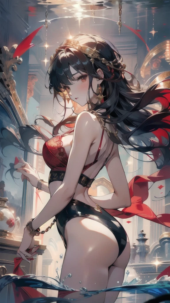 ((masterpiece, best quality)), Delicate face，goddess，Red and Gold，whole body，Long legs，Standing picture，Perfect body proportions，Long wavy hair，beautiful eyes，Fantasy style，Extremely beautiful，Pure white background，Water Ripples，transparent，Sexy Lingerie，chain