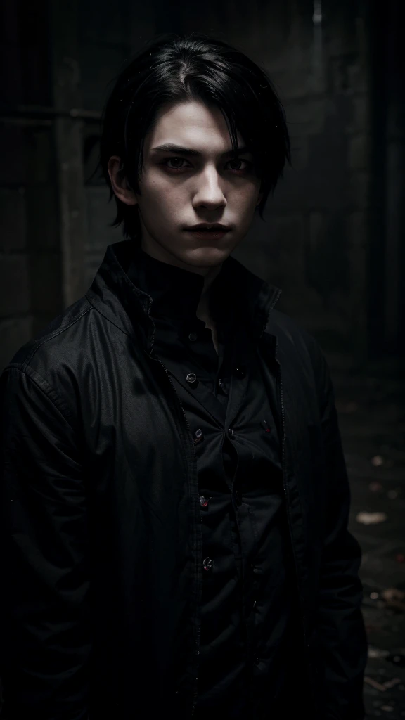 Anime vampire boy, 16 year old boy, black clothes, red eyes, detailed facial features, sharp fangs, pale skin, dark moody lighting, gothic atmosphere, dramatic shadows, cinematic camera angle, masterpiece, hyper detailed, 8K, ultra realistic, photorealistic, dramatic lighting, dark fantasy