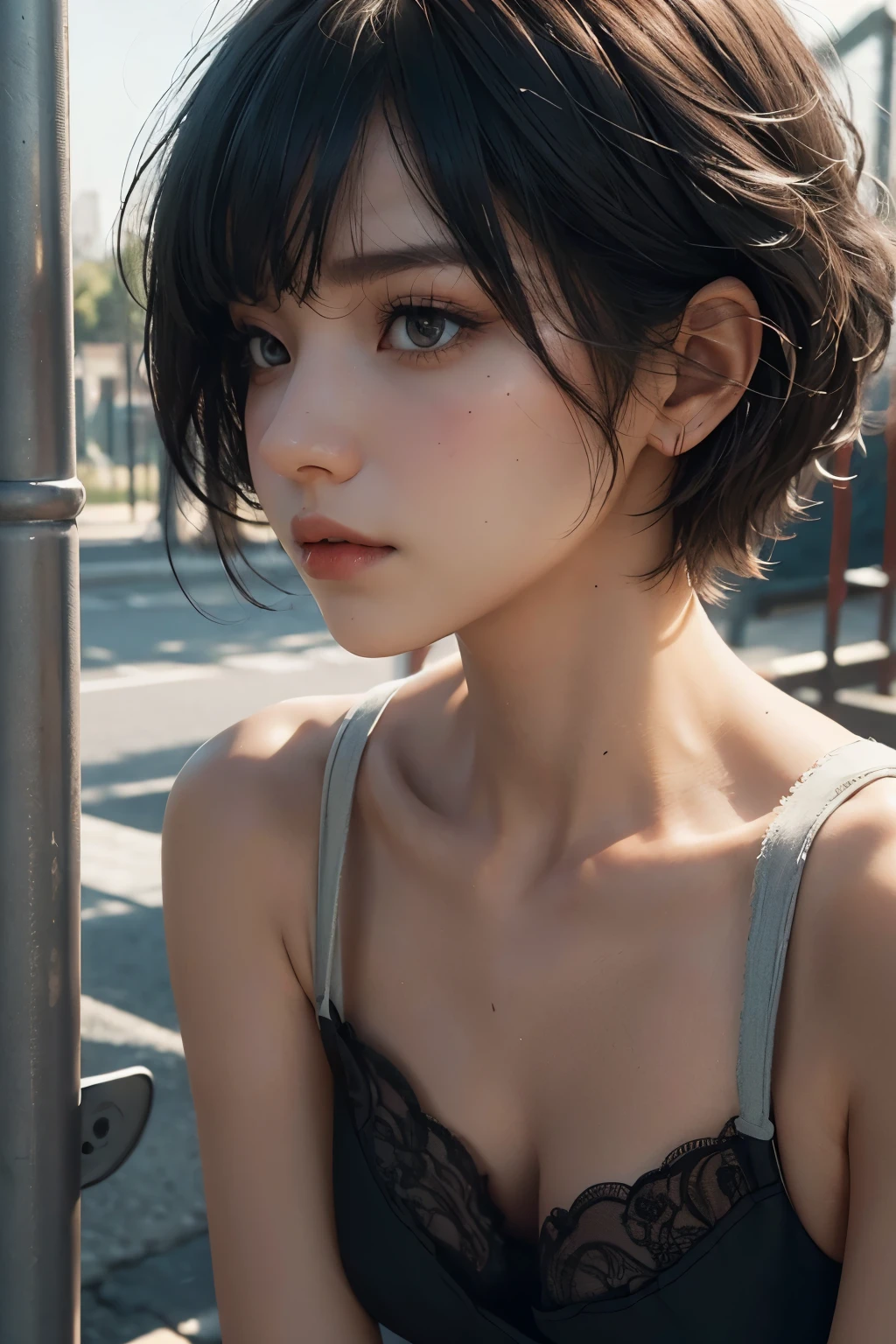 Raped woman with short hair, what makeup, without makeup, Centrally separated curtain bangs, Profile picture, Use Instagram Filters, Subtle soft and dim light, Pose looking around the playground, seesaw, swing, perfect face, julia sardinian, perfect hands, Random behavior, Sandbox, clear sky, full body view,