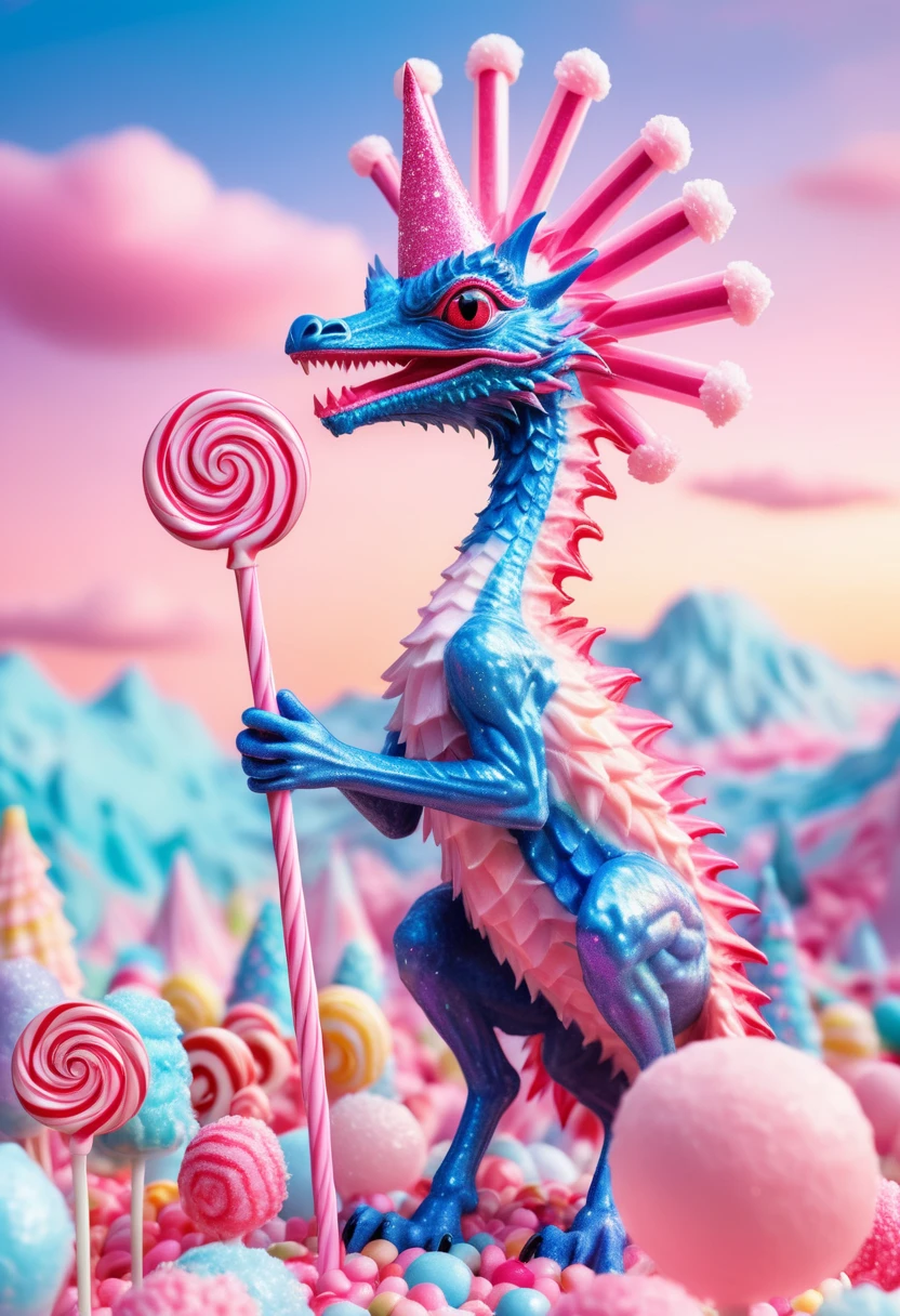 A pink Dilophosaurus standing proudly as the guardian of Candyland. Its scales shimmer with hues of cotton candy pink and bubblegum blue, reflecting the colorful surroundings. The landscape is filled with giant lollipops, candy canes, and gumdrop bushes. The Dilophosaurus wears a crown made of sugary crystals, and its frills are decorated with glittering sprinkles. The sky is a swirl of pastel colors, and the air is filled with a sweet aroma. Intricate details, vibrant colors, whimsical elements, magical ambiance.