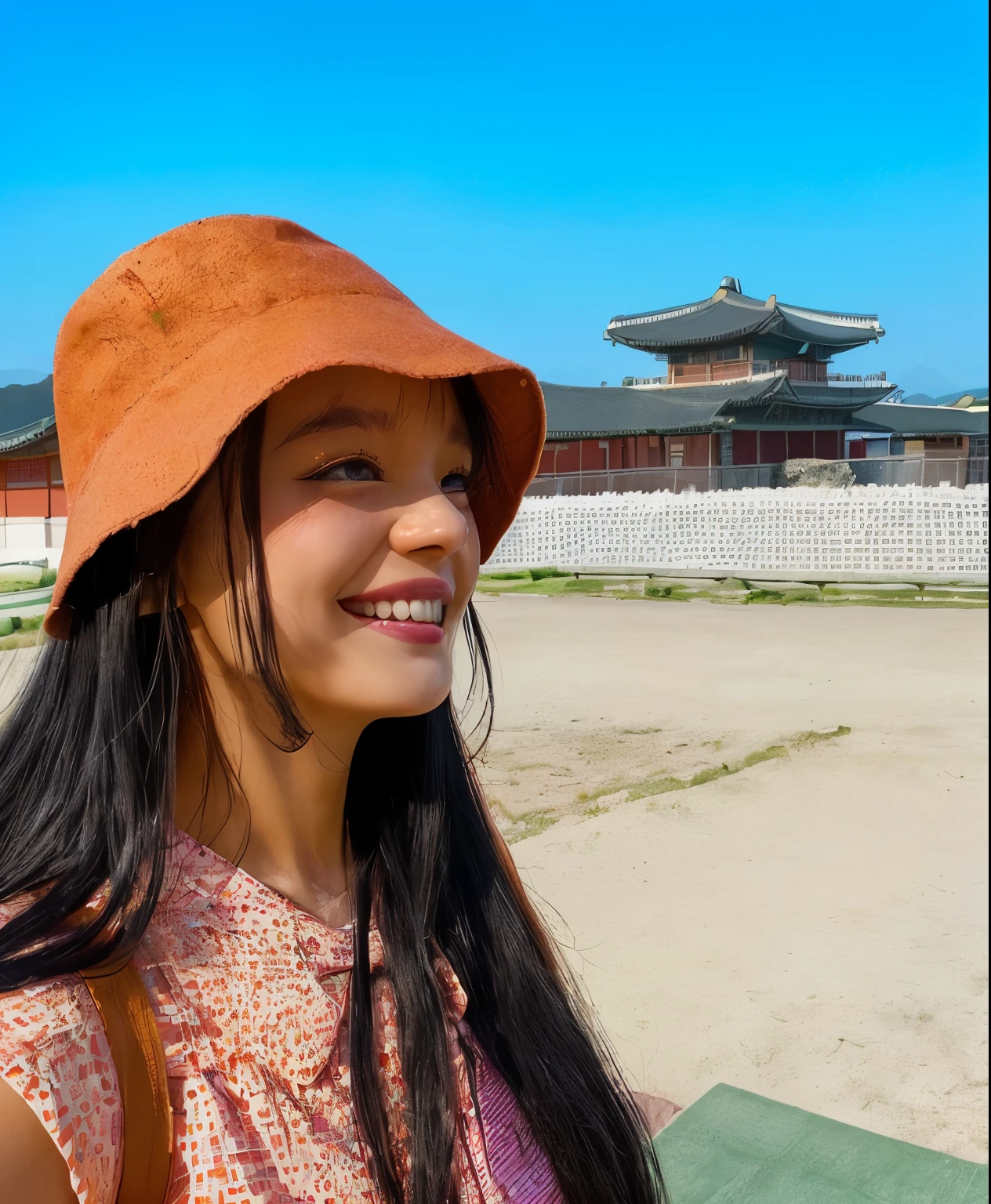 create a disney pixar character based on this photo, catch all the details like the orange bucket hat. her hair black and long. And the sleeveless shirt, with bow collar and white color, pink and yellow with sprinkles detail. She looking at the horizon smiling with her teeth, with the background landscape of ancient Korean houses. Capture all the information