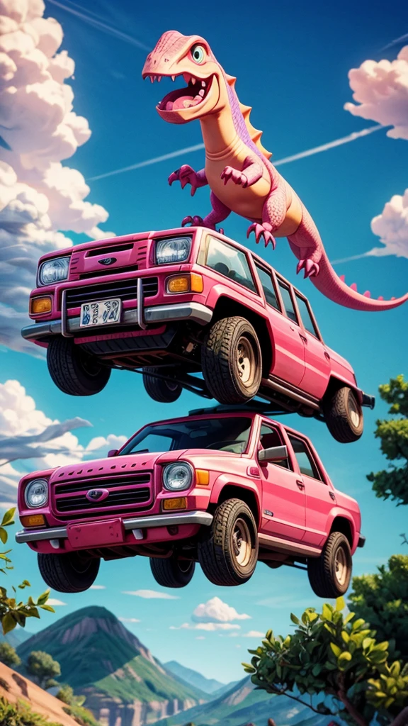 Pink Dinosaur、Jump over a car