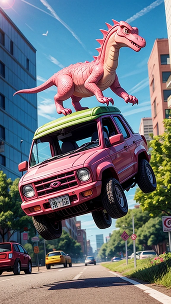 Pink Dinosaur、Jump over a car