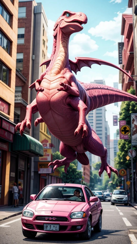 Pink Dinosaur、Jump over a car