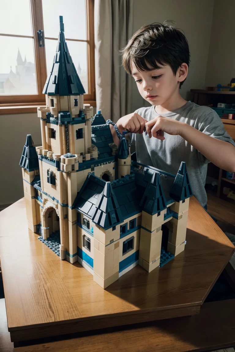 boy building a castle made of legos