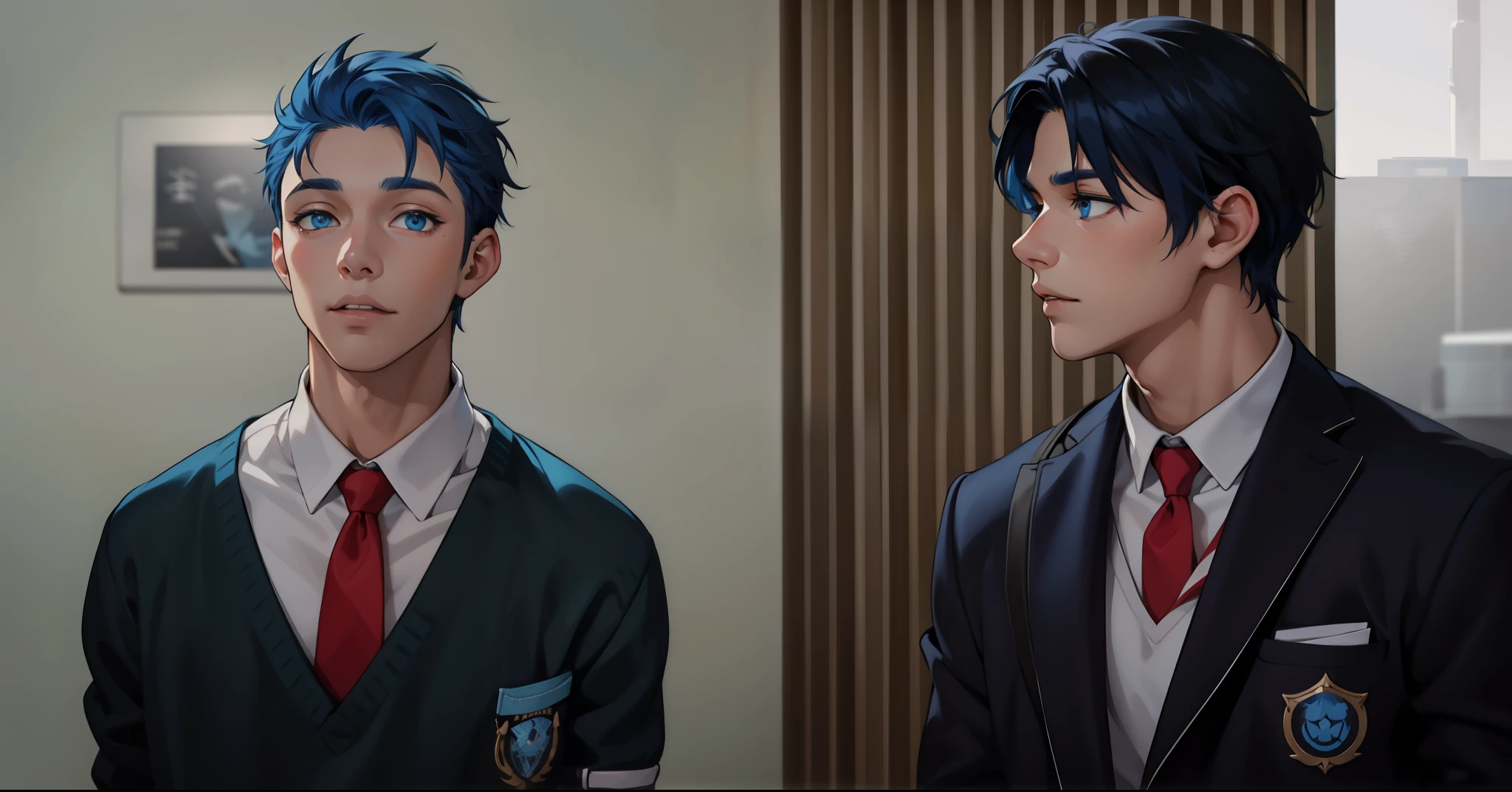 two cute boys with blue hair and the other with black hair and blue eyes