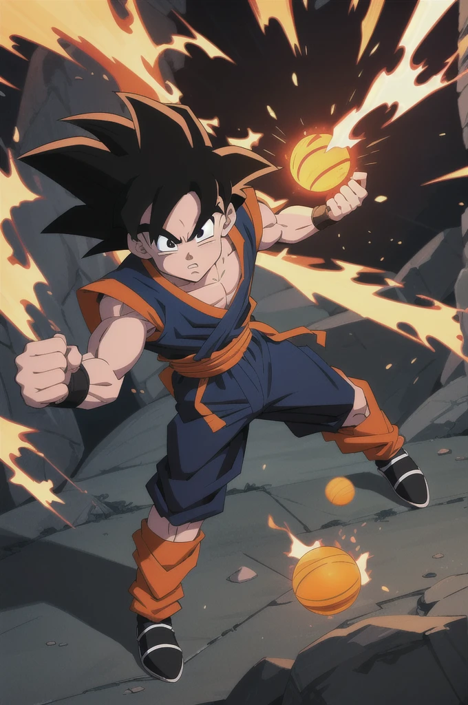 Manga style, illustration, line art style, high quality, manga masterpiece, highres, very detailed, digital illustration, small Kid Goku, Dragonball, black hair, spiked hair, real goku clothes orange color, black belt and black shoes, fire ball, dougi, solo male , outdoors,fighting,