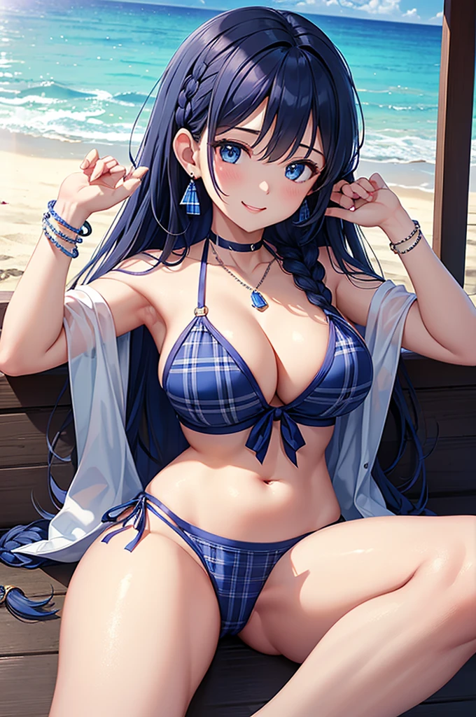 Highest quality、Highest quality、masterpiece、(8K),beauty(Age 25)、Navy blue long hair(Braiding of sides)、blue eyes、Sexy Bikini(Plaid)、Big cleavage、(Big Breasts)、smile、blue necklace、Blue Earrings、background(Beach)、Please open your mouth wide、bracelet、Chest puffing pose、Blue choker