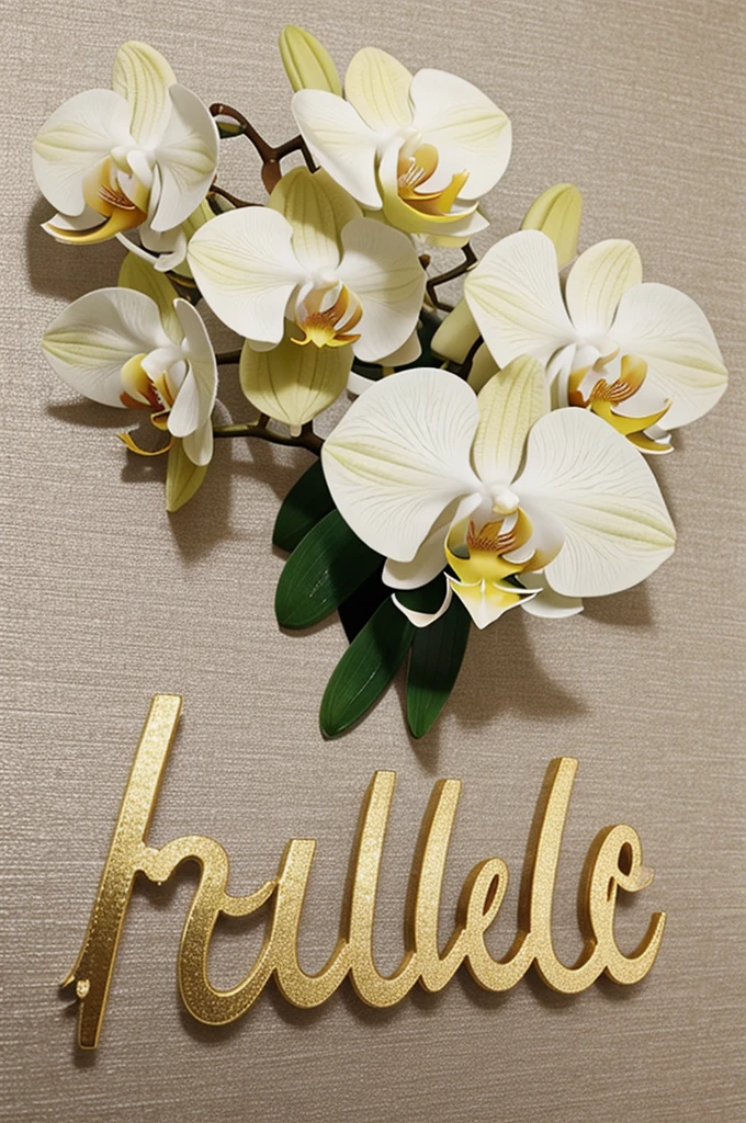 I want you to write the name of "Melissa" with white letters and gold border, in the background some orchids in 3d.