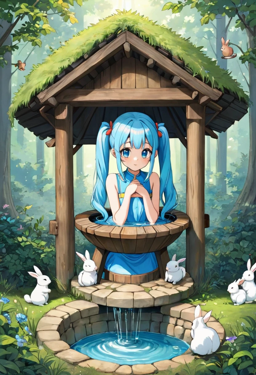 An old well in the forest, a beautiful girl with long light blue hair and twin tails, and rabbits and squirrels around the well.