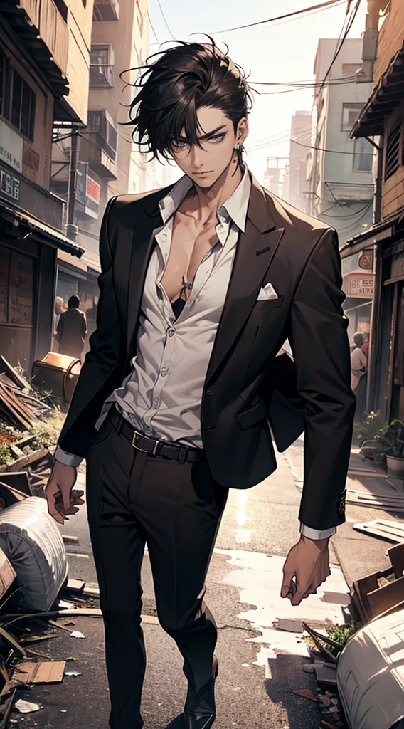 (masterpiece, best quality, highres, ultra-detailed), 1man, male focus, spiky black hair, grey eyes, handsome, detailed eyes and face, male body, earrings, ear piercing, unbuttoned black blazer, white shirt, trousers, bare collarbones, chain necklace, city slums background, by amano akira, full body, cigarette, cigarette smoke, guy smoking,1guy, masterpiece