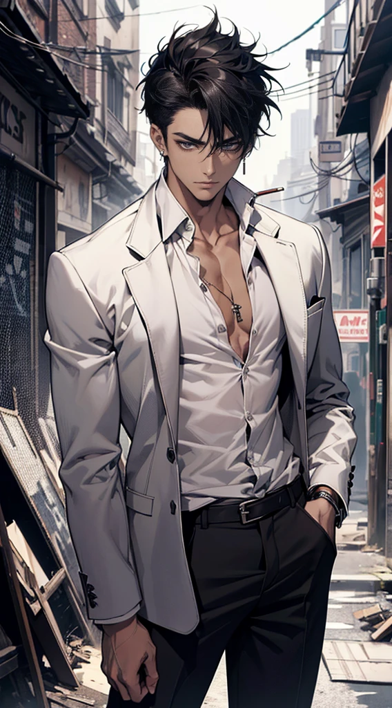 (masterpiece, best quality, highres, ultra-detailed), 1man, male focus, spiky black hair, grey eyes, handsome, detailed eyes and face, male body, earrings, ear piercing,  unbuttoned black blazer, white shirt, trousers, bare collarbones, chain necklace, city slums background, by amano akira, full body, cigarette, cigarette smoke, guy smoking,1guy, masterpiece