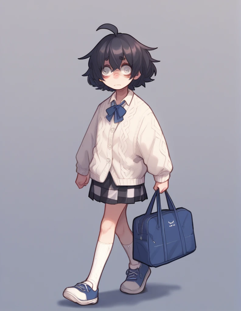 1 girl, alone, ppka, black fur, short hair, messy fur, Ahoge, parts, parts all over the body, grey eyes, blind eyes, kind eyes, very nervous, looking at the viewer,
mini skirt, Checkered mini skirt, Checkered mini skirt azules grises y blancos, japanese bag, blue bag, school blouse, A white blouse, white cardigan with blue accessories, bow on the neck, White monkey, Long socks, White socks, leg warmer, white tennis shoes,
walking, walking, going to school