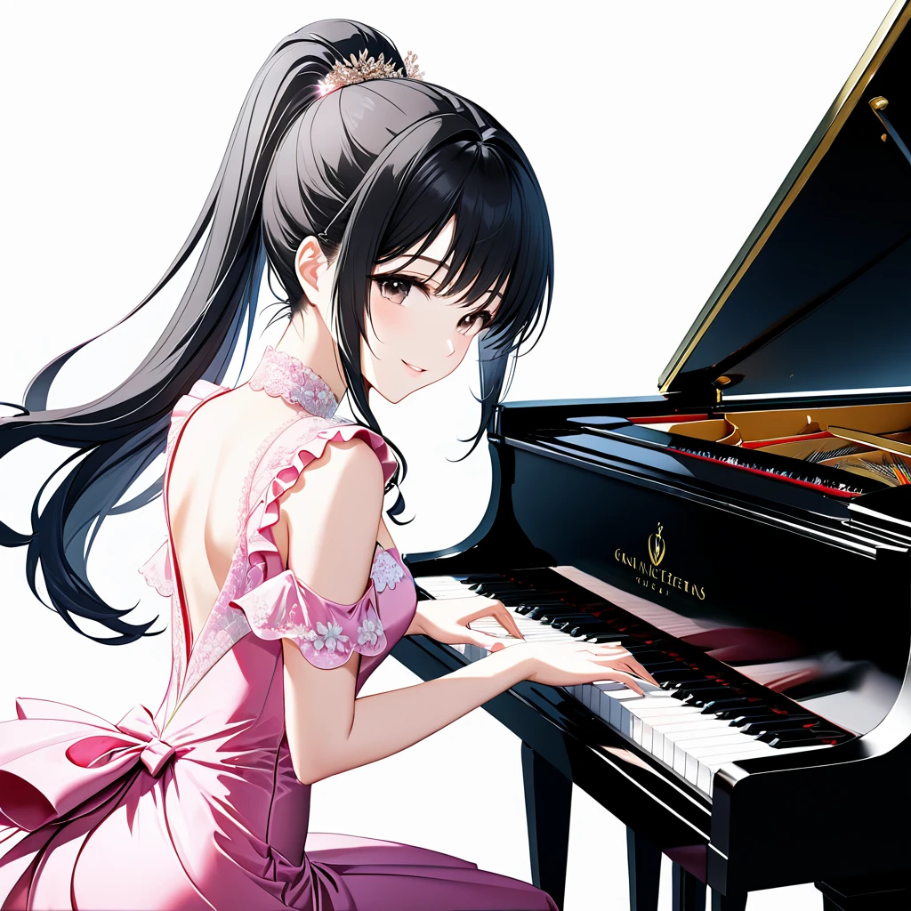 (((White background:1.5)))、(very wide shot)、(masterpiece、Ultra HD、Highest quality、Masterpiece、4K:1.2)、Slender body、Elegant pianist playing the piano、 Intricate details, Highly detailed fingers、Black hair ponytail、Pale pink elegant dress, Intricate details、smile、Frontal face