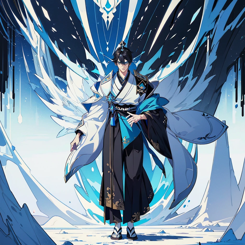((Genshin impact style)) (masterpiece), (high quality), (pretty boy face), 1 boy, 16 years, masculine and tall body, white skin, ((medium black hair)), ((light blue and cold eyes)), calm and neutral expression, designs from East Asian, Game character costume design, Japanese clothing style with a dark blue, white and black color palette, his is holding a book ((White background, Mathematical, blue astronomical details)), ((full body standing panting)) intricate details, lens flare,ultra high resolution,sharp focus,HD,8k,clear facial features,clear details,beautiful eyes,beautiful face