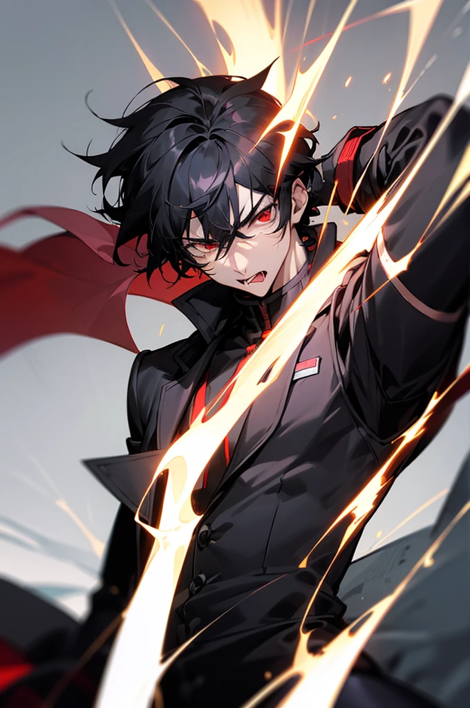 black hair, red eyes, angry , sticking out middle finger, black jacket, tounge out, mature male, arms in pockets, mencaing aura, lean, muscular, upper body, black gloves, light skin skin tone,