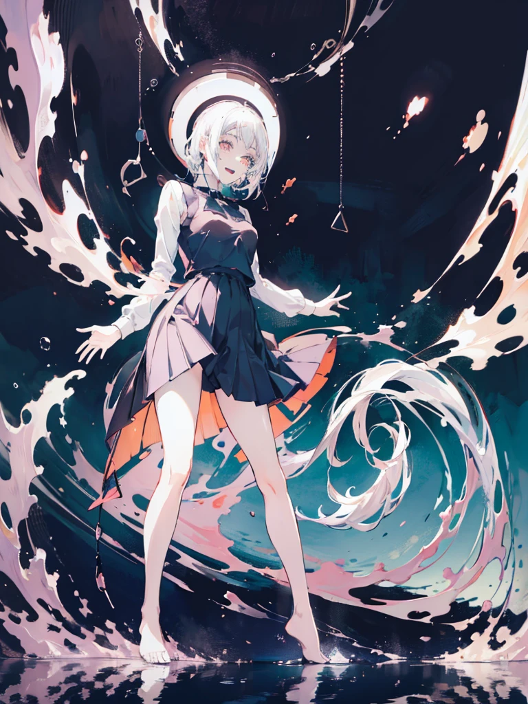 Anime girl, long beautiful cyan hair, (chin length bangs) beautiful blue eyes, Wearing the perfect vest and jabot, (Mastepiece), (Best Quality), Very detailed, ((1 boy)), Perfect Face, Beautiful Face, Very detailedな顔,((Black and white hair_short hair_Black and white eyes:1.3)),Male solo idol、Gorgeous idol costumes、Fluttering frills、Cape、boots、(pants:1.2)、(Hold the microphone)、stage、Concert Dome、Lots of confetti、(smile:1.4)、(Open your mouth wide)、sing、dance、Wink、Laser light、Spotlight tight skirt, hands behind the head looking down (bare feet treading water) standing pose on the ocean water, (perfectly beautiful orange twilight clouds) Feet above the water, long hair flowing to the left side, soft, perfect (full body) Hands behind your back pose